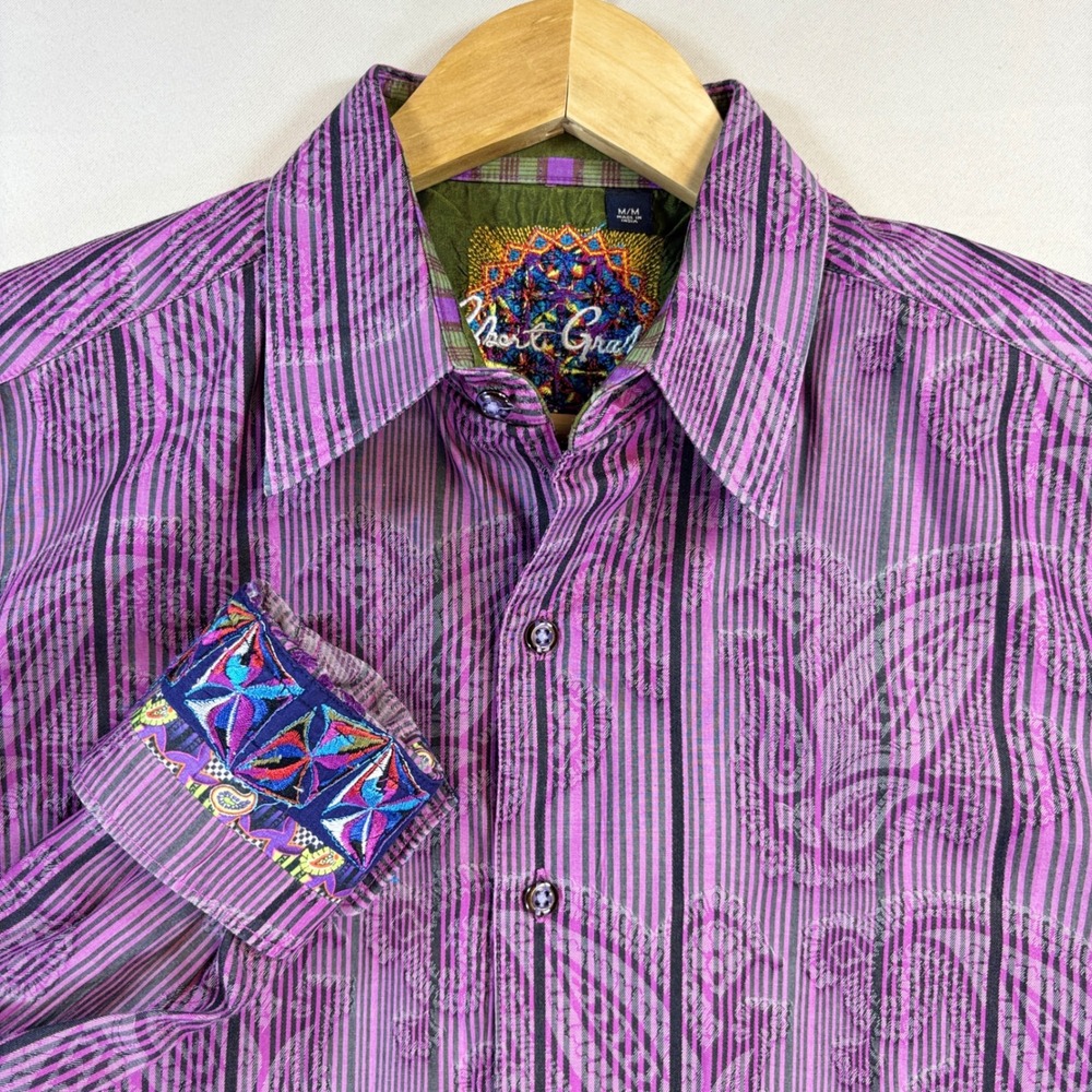 Robert Graham Shirt Mens M Purple Striped Paisley Jacquard Flip Cuff Button Down
